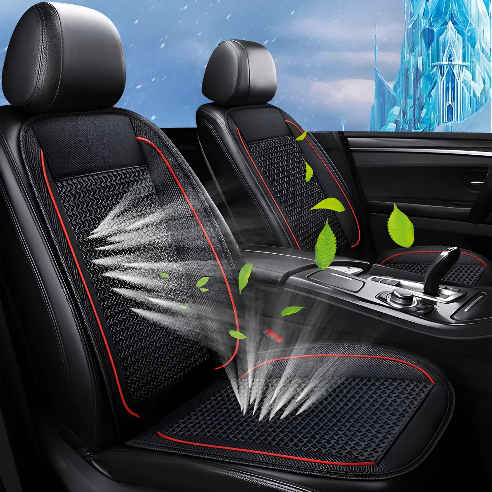 Black car ventilation seat cushion with massage function, shown with power cord, dimensions 60cm by 60cm.