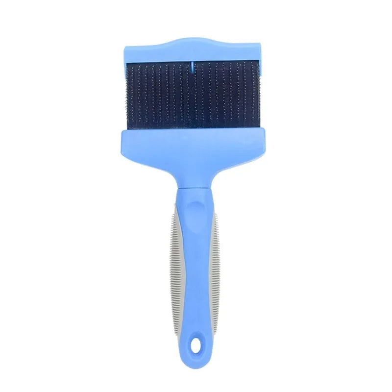 Double-sided pet brush with stainless steel pins on one side and softer pins on the other, in blue colour