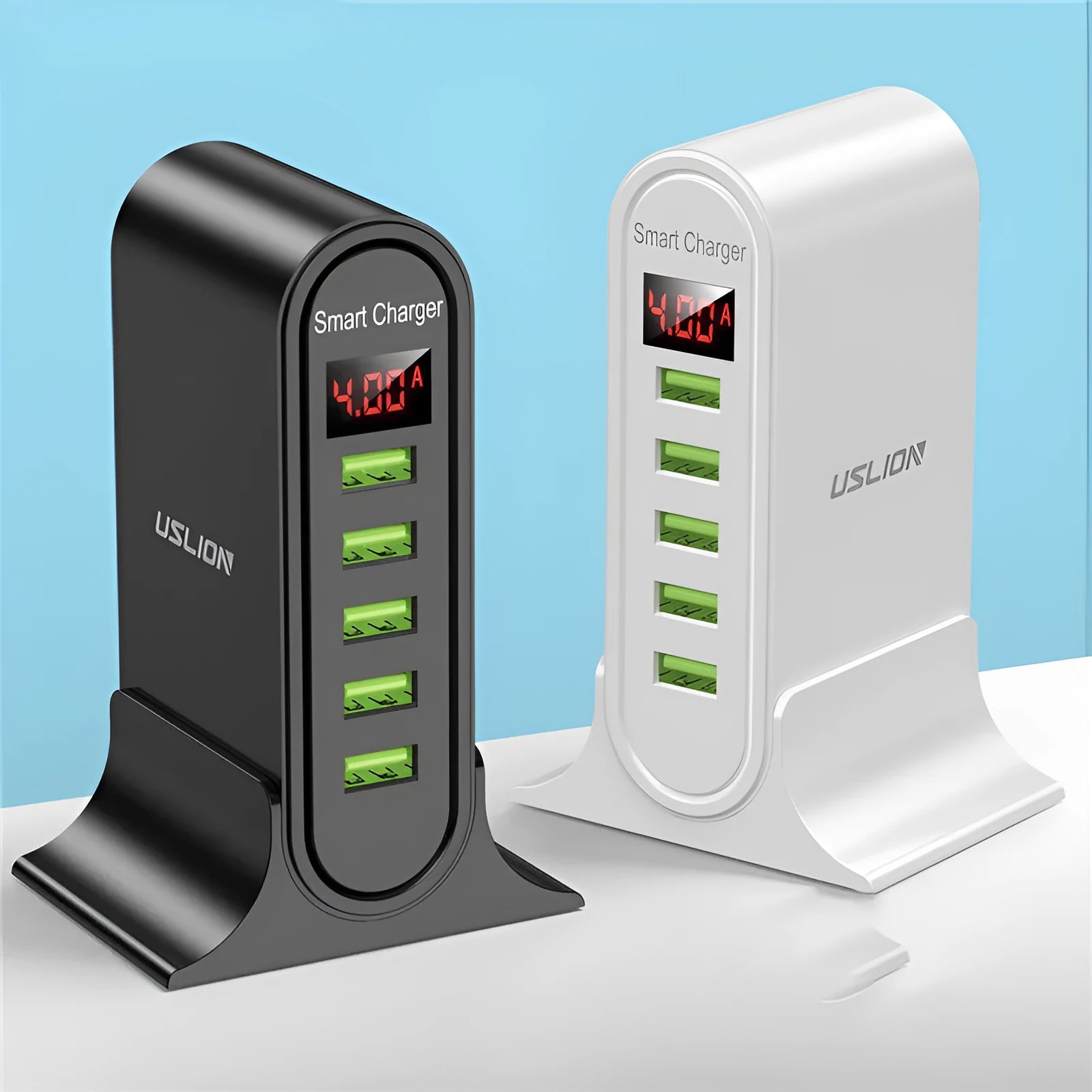Smart LED digital display USB wall charger in black and white, showing dual ports and voltage readout.