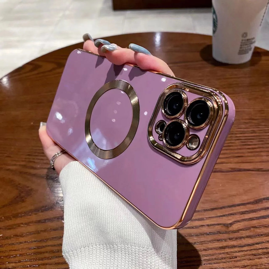 Magnetic phone case for iPhone 15 and 16 in cherry purple, made of electroplated TPU with brushed 6D finish.