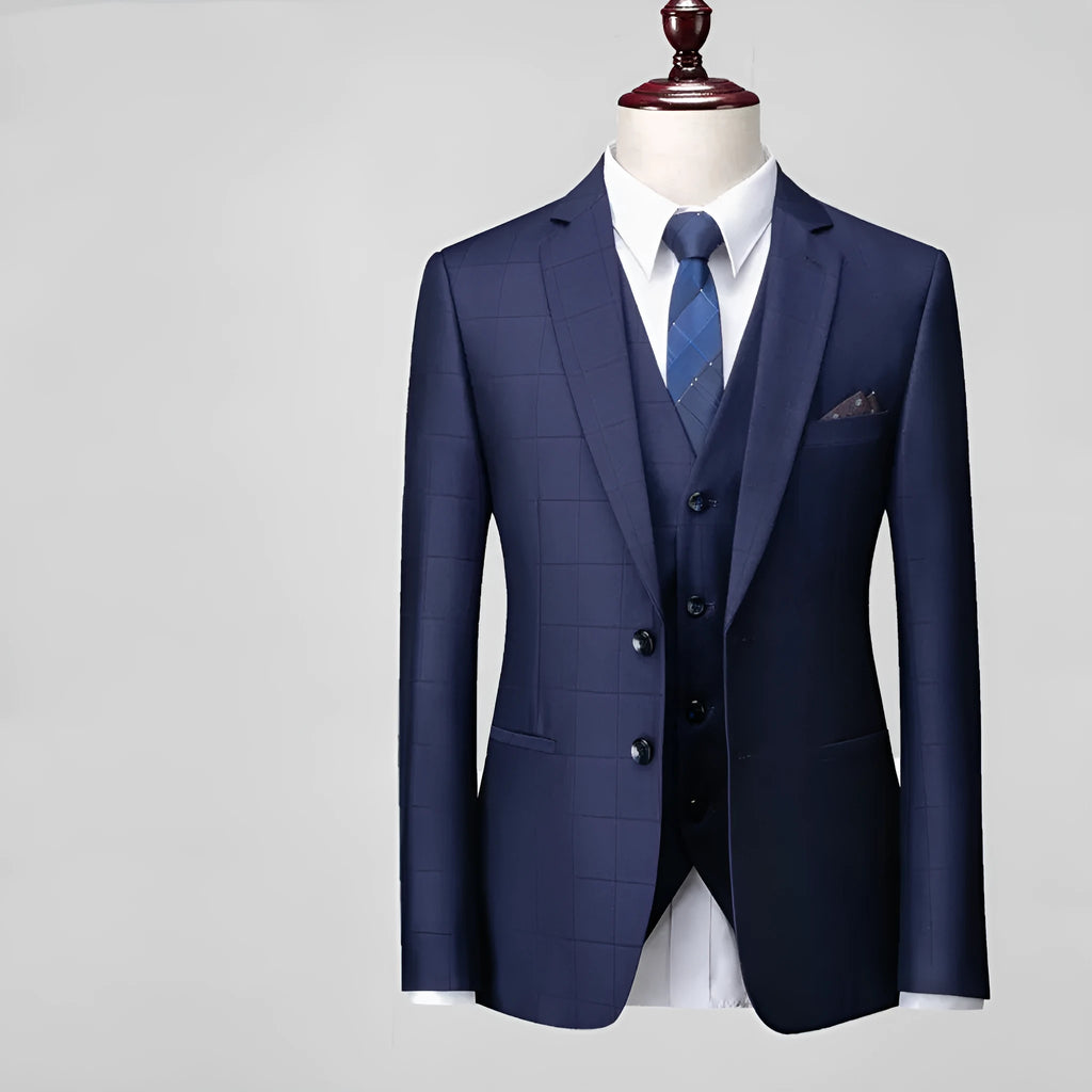 Men's navy blue plaid slim fit three-piece business casual suit with vest, jacket, and trousers