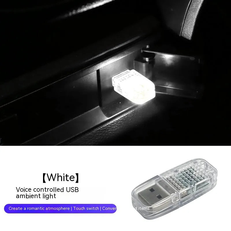 Car USB ambience light with touch control and voice-activated RGB lighting modes.