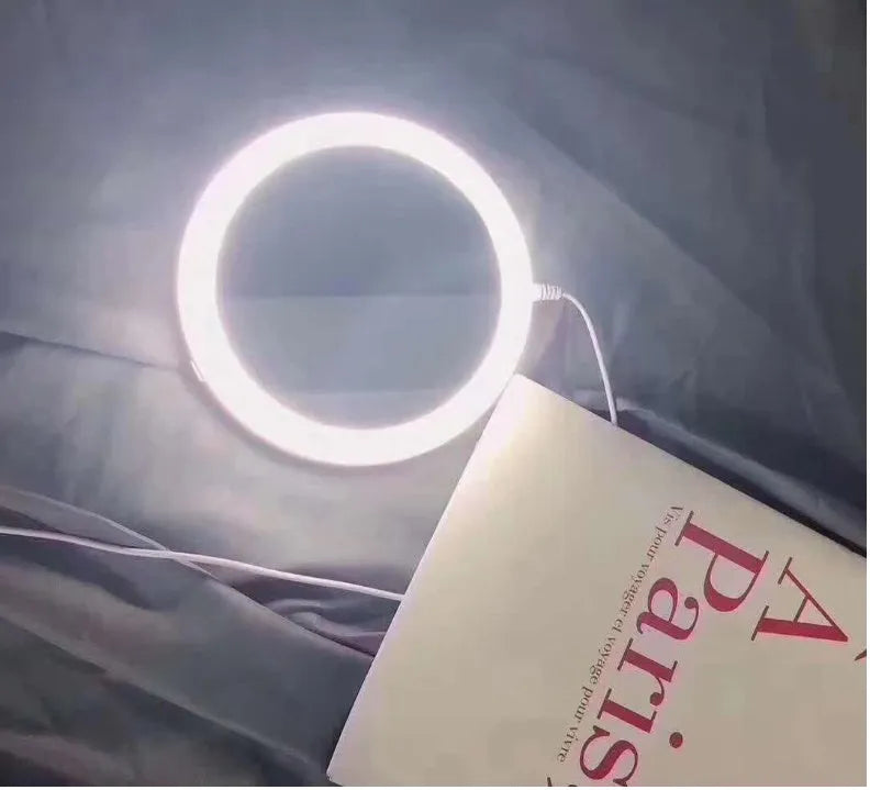 White foldable double-sided LED vanity mirror with USB charging port
