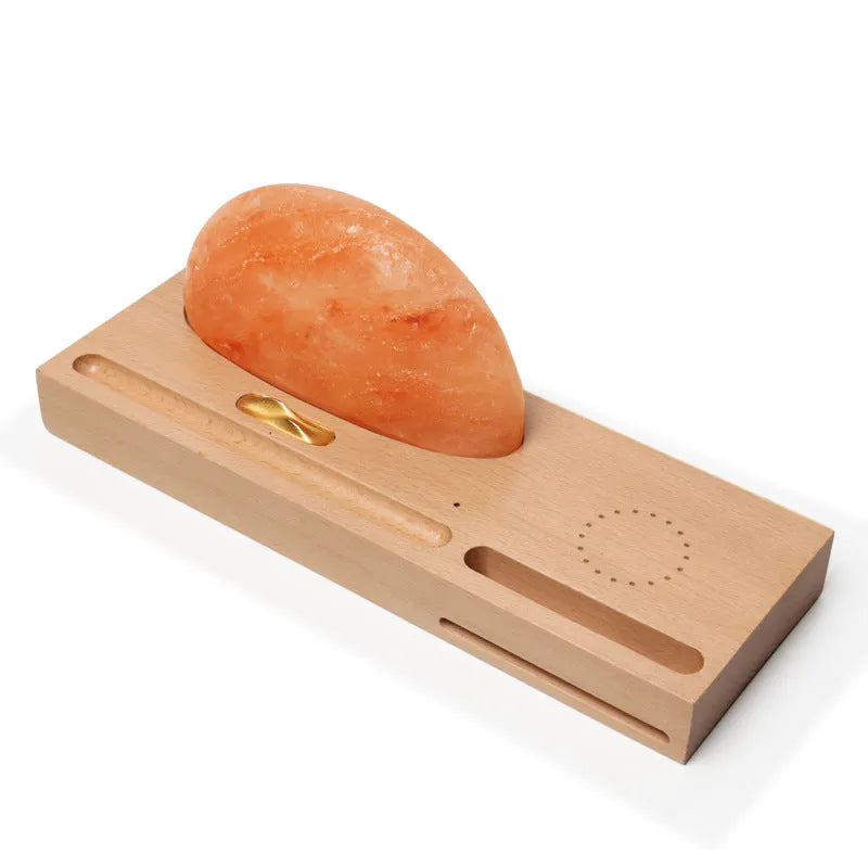Sunrise Oriental natural crystal salt lamp with wireless phone charging on solid beech wood base