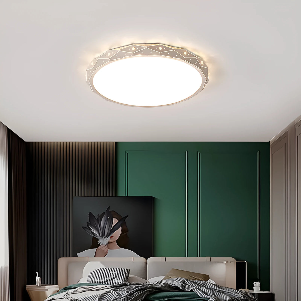 Round iron ceiling lamp with LED light source and dimming control