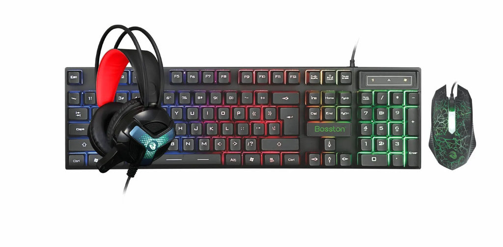 Thunder Wolf T800 four piece computer accessories set showing wired USB keyboard, mouse, headset and mouse pad