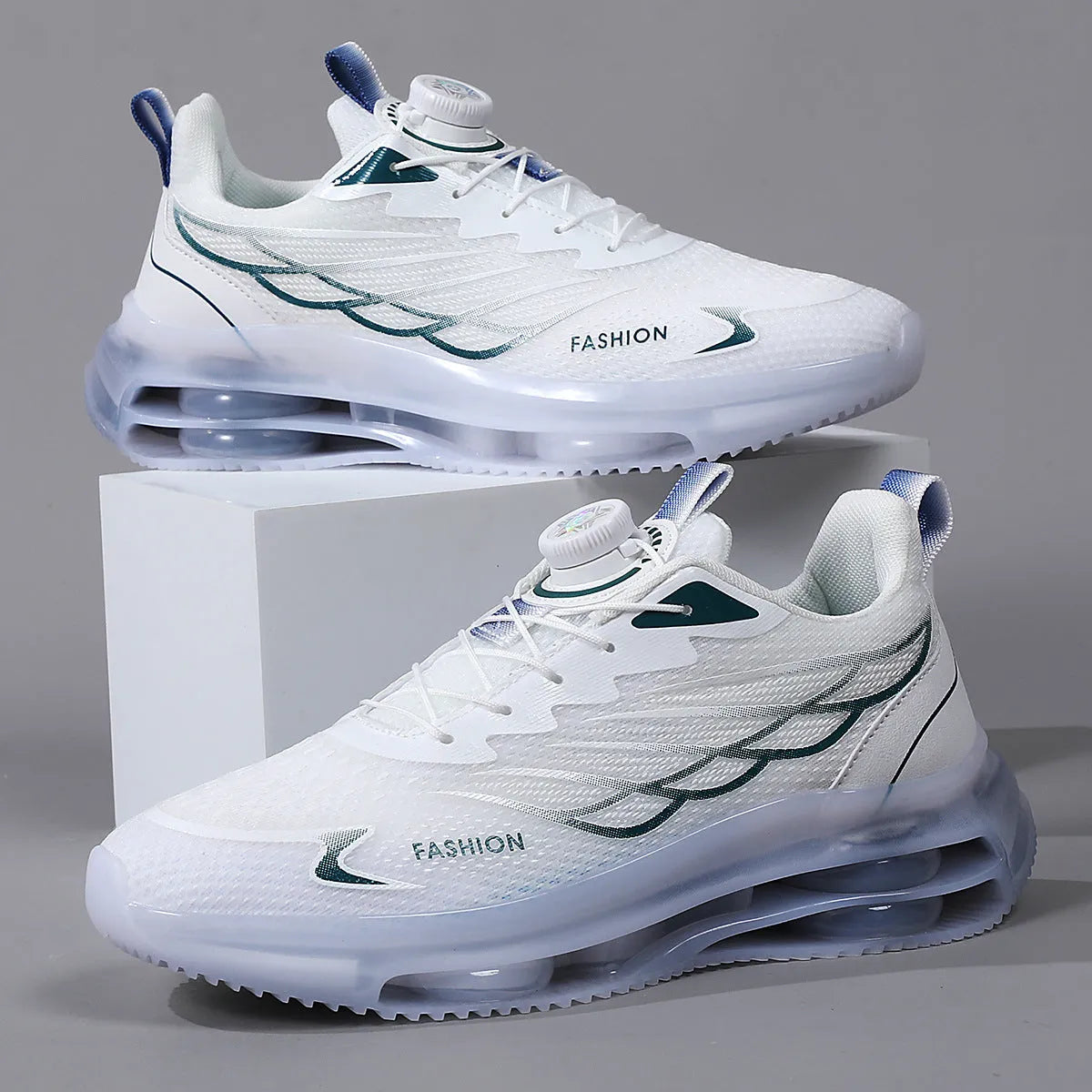 White youth casual shoes with rotating button fastener and mesh upper on rubber sole