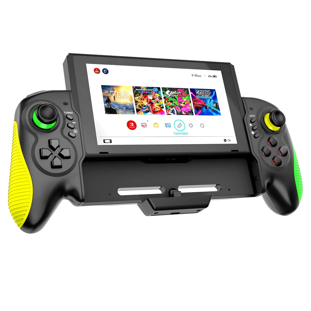 Yellow-green game controller with in-line handles for Nintendo Switch and Windows PC compatibility