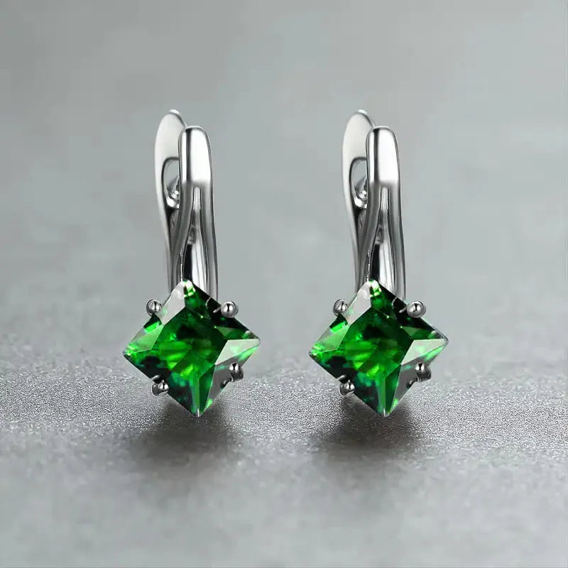 Copper women's earrings with diamond design featuring inlaid zircon stones in blue, colour, and green options