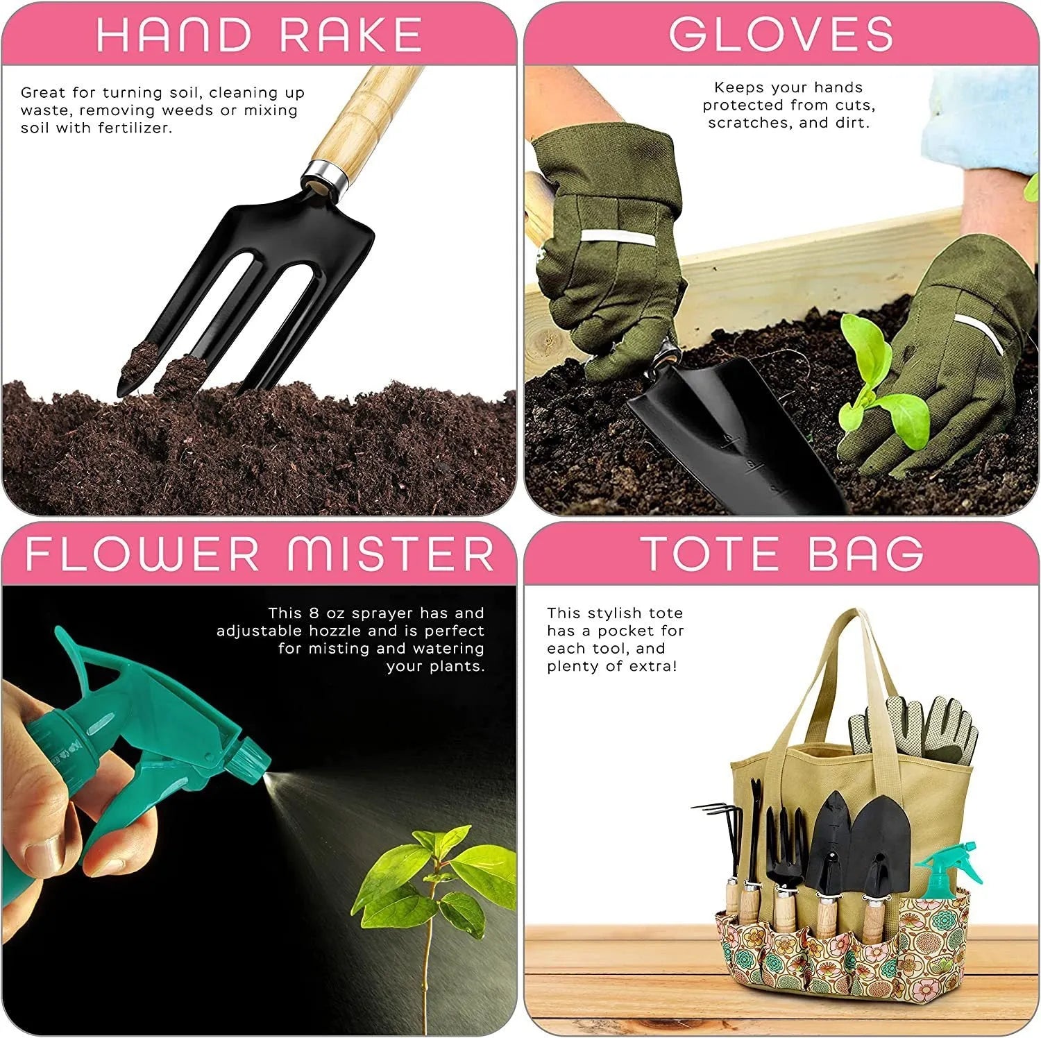 Stainless steel gardening tool set with eight pieces for garden use.