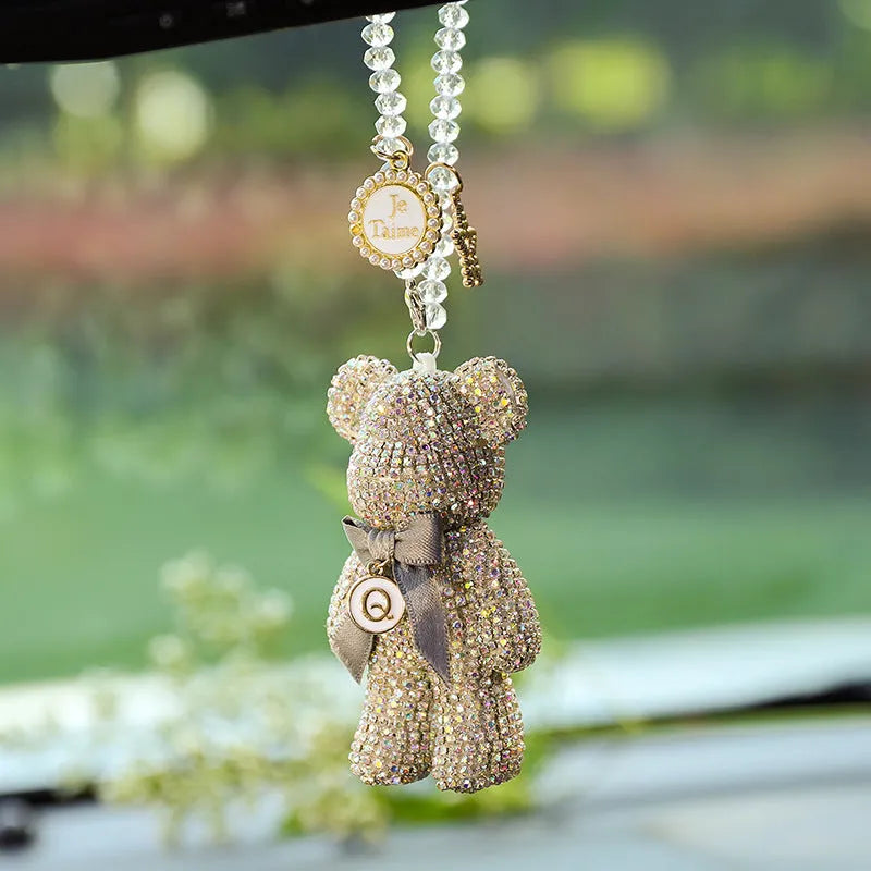 Diamond-embedded violent bear car rearview mirror pendant measuring 5x9cm in crystal rhinestones