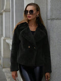 Women's short loose faux fur coat in rose red, shown on a model.