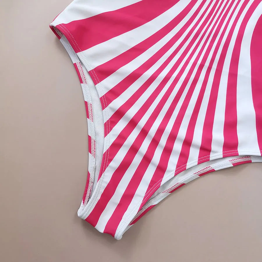 Women's pink striped one-piece swimsuit with digital front and rear printing