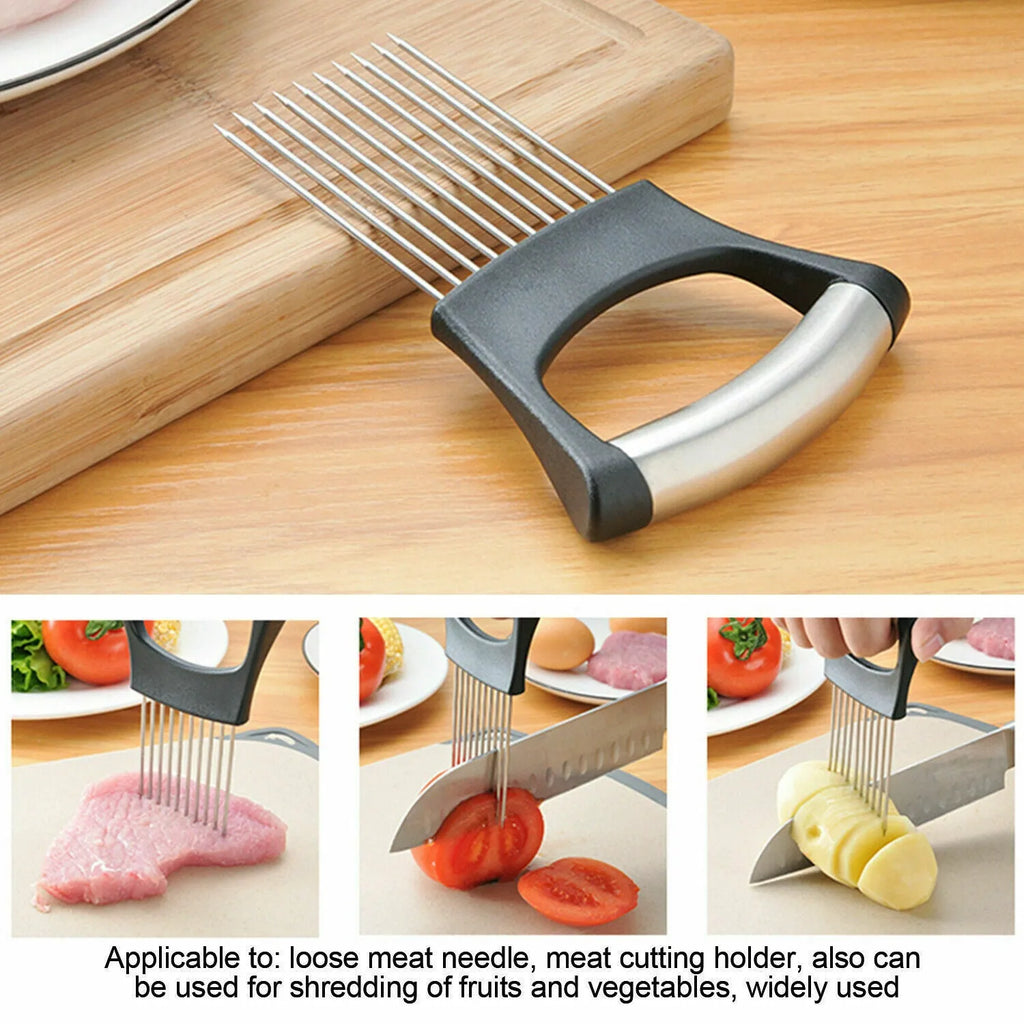 Stainless steel onion slicer with white ABS handle on a kitchen counter