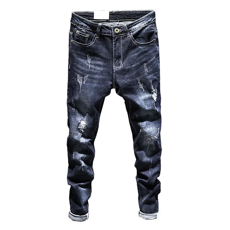 Men's slim-fit skinny jeans in dark blue and light blue cotton denim with mid waist design