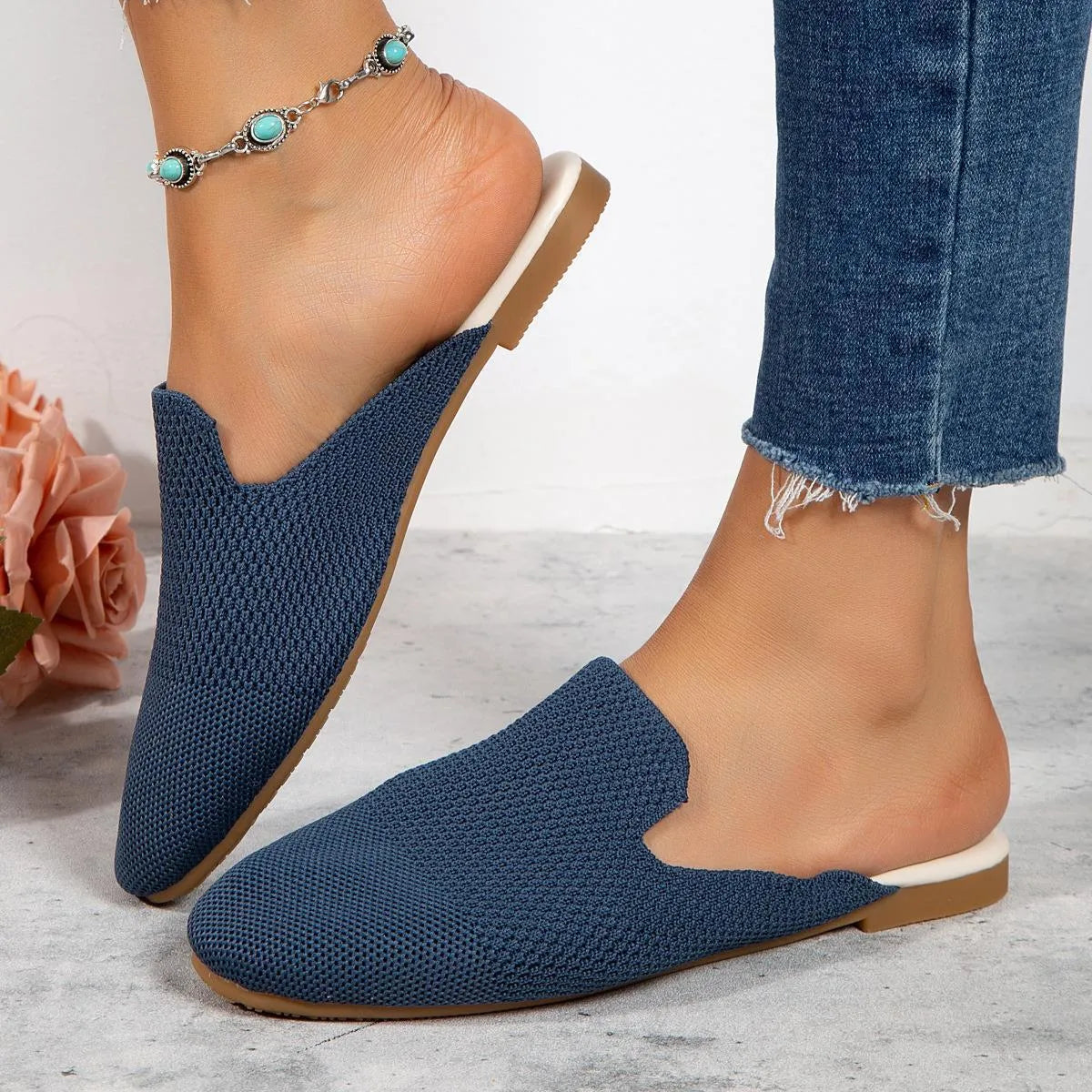 Apricot, blue, and green candy colour mesh slip-on loafers with round toe and rubber sole.