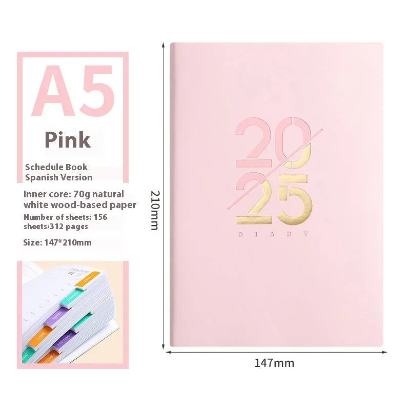 A5 daily planner with soft faux leather cover showing thread binding and open pages