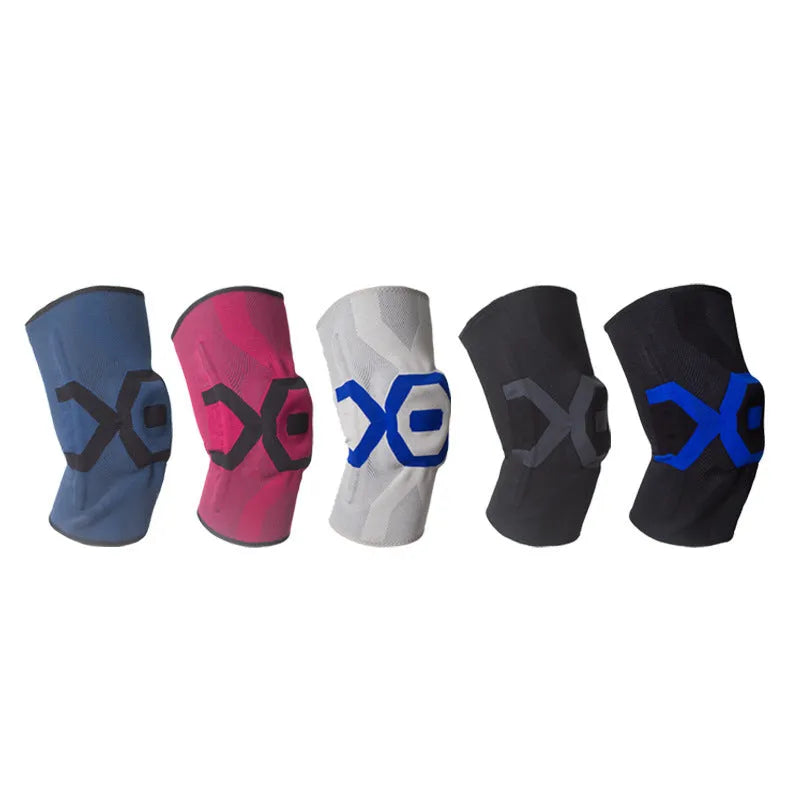 A black and blue silicone knee pad for sports protection, shown alongside other colour options.