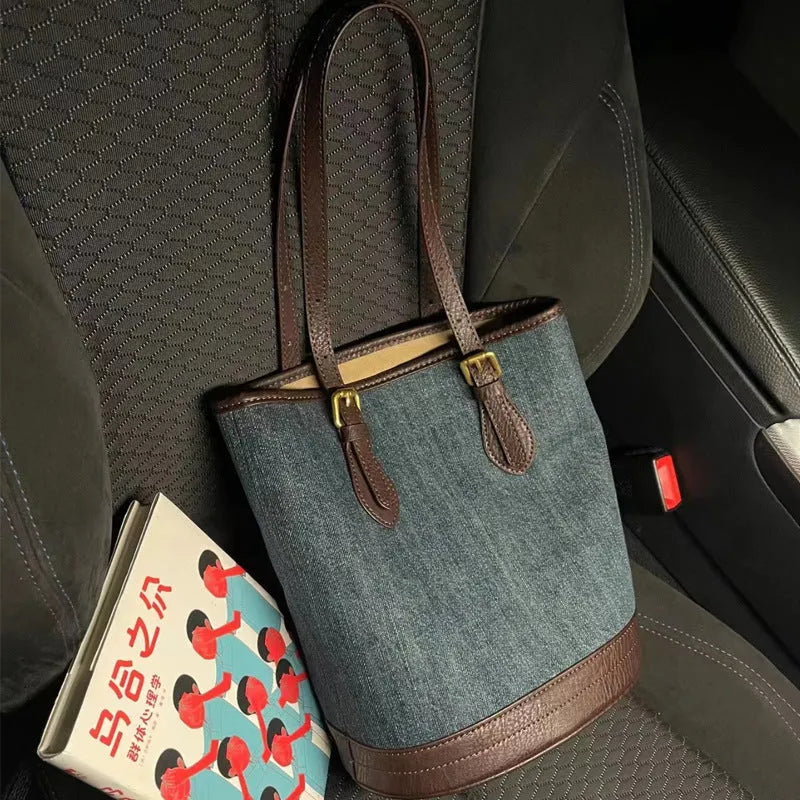 Large denim patchwork one-shoulder bucket handbag with a retro design