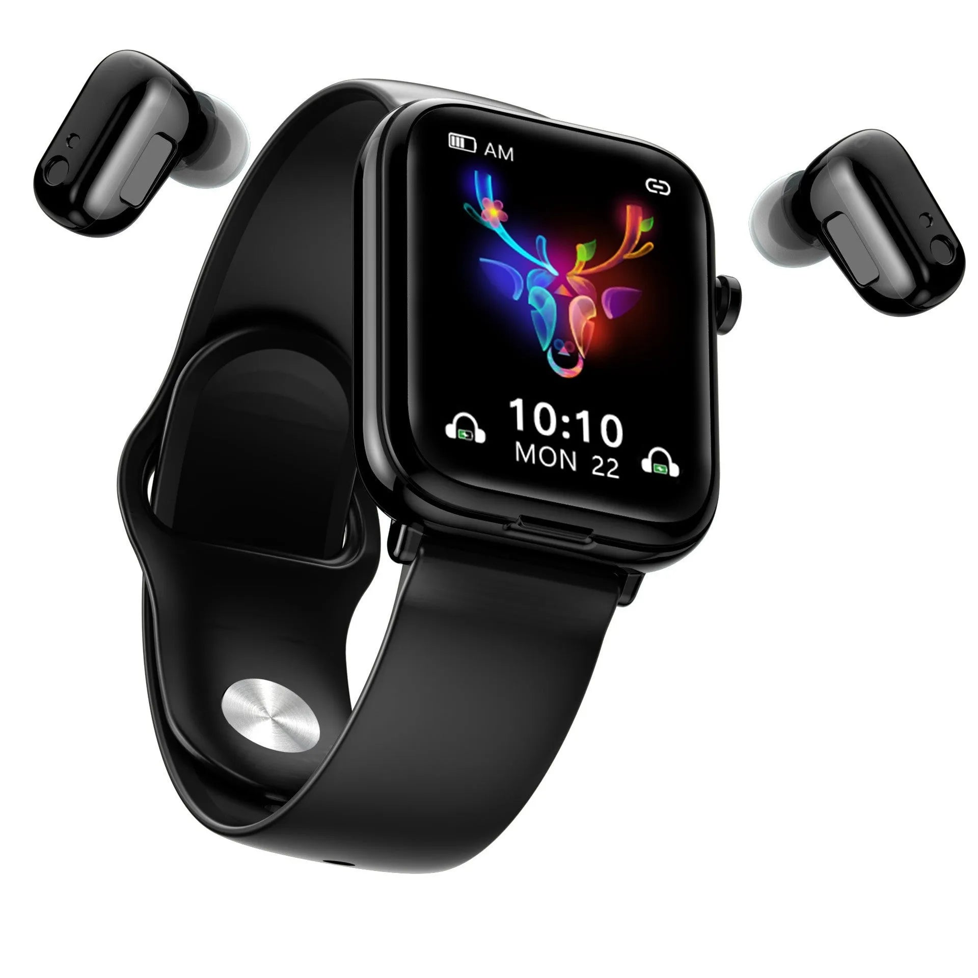 Black zinc alloy Bluetooth smartwatch with a 1.69-inch touchscreen on a wrist, next to its magnetic charging case.