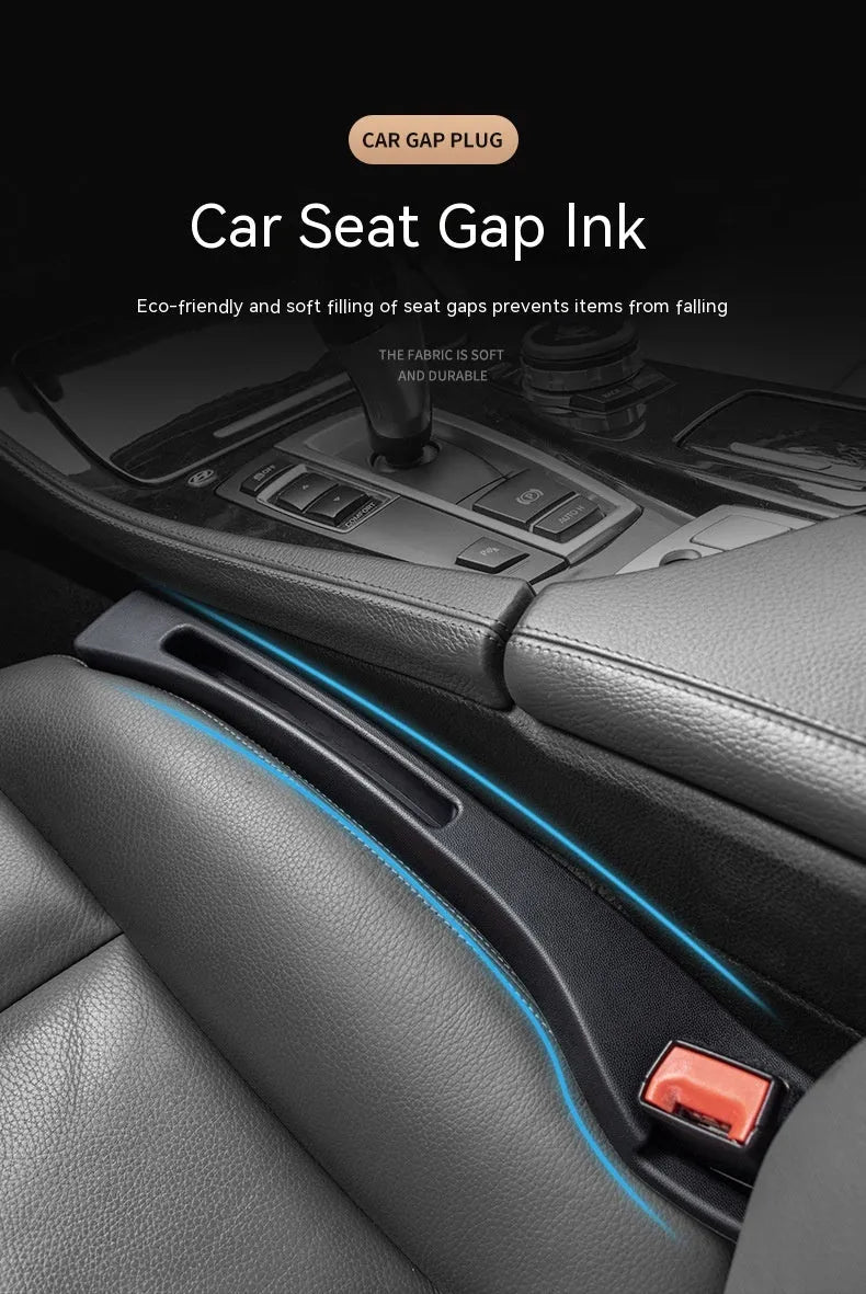 Black plastic car seat gap storage box organiser with handle between car seat and console