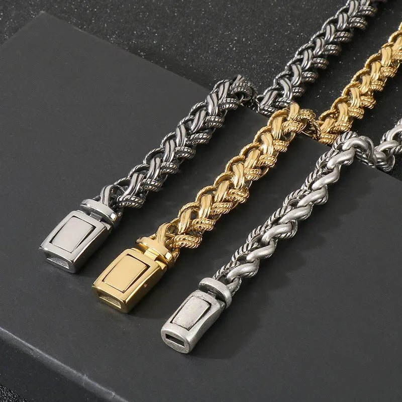 Men's titanium steel keel chain necklace in antique silver with large hemp flowers chain and geometric design.