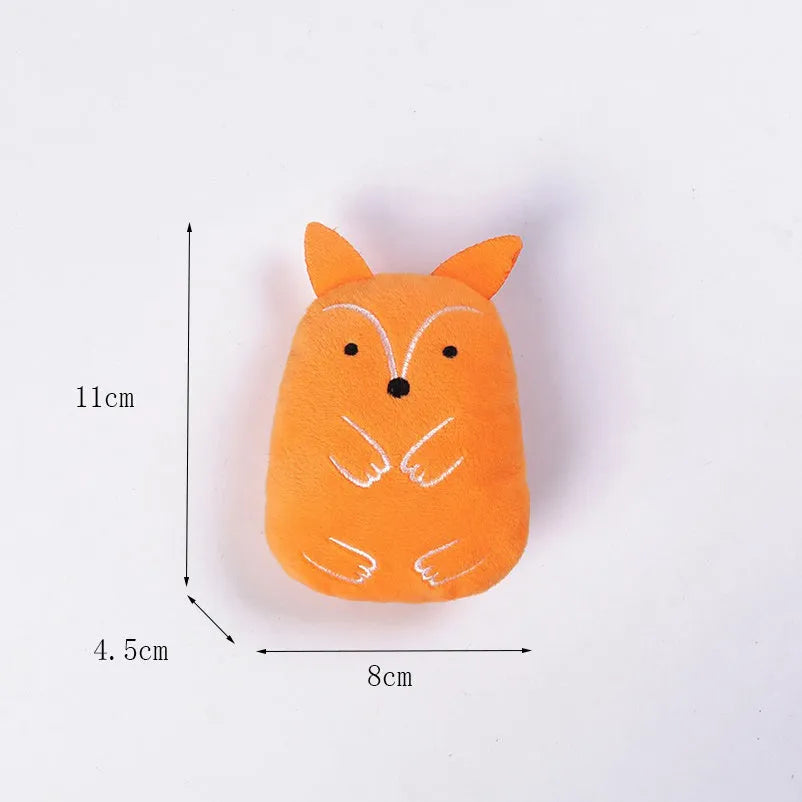 Plush catnip chewing toy for teeth grinding in assorted colours on a white background