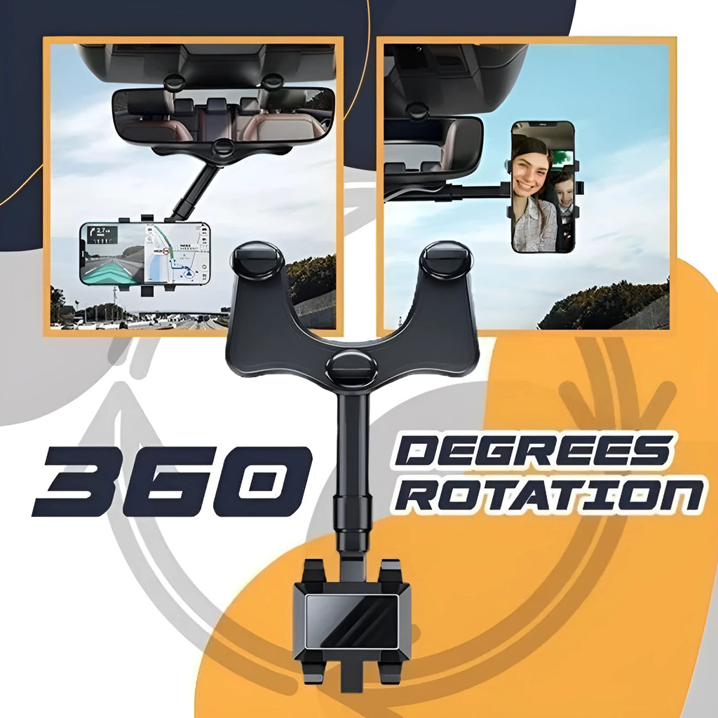 Black rearview mirror phone holder with 360° rotating head and retractable arm extended