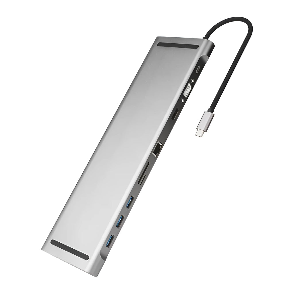 Grey ten-port aluminum alloy docking station with HDMI VGA and Gigabit ports
