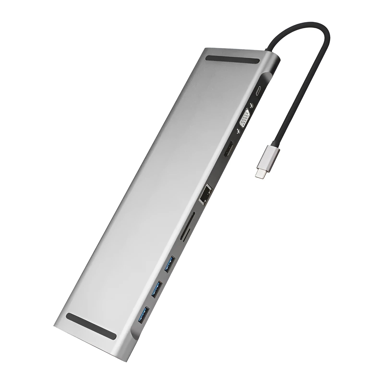 Grey ten-port aluminum alloy docking station with HDMI VGA and Gigabit ports