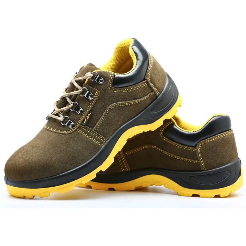 Bronze low-cut steel toe safety shoes made from cow suede leather with a non-slip sole.