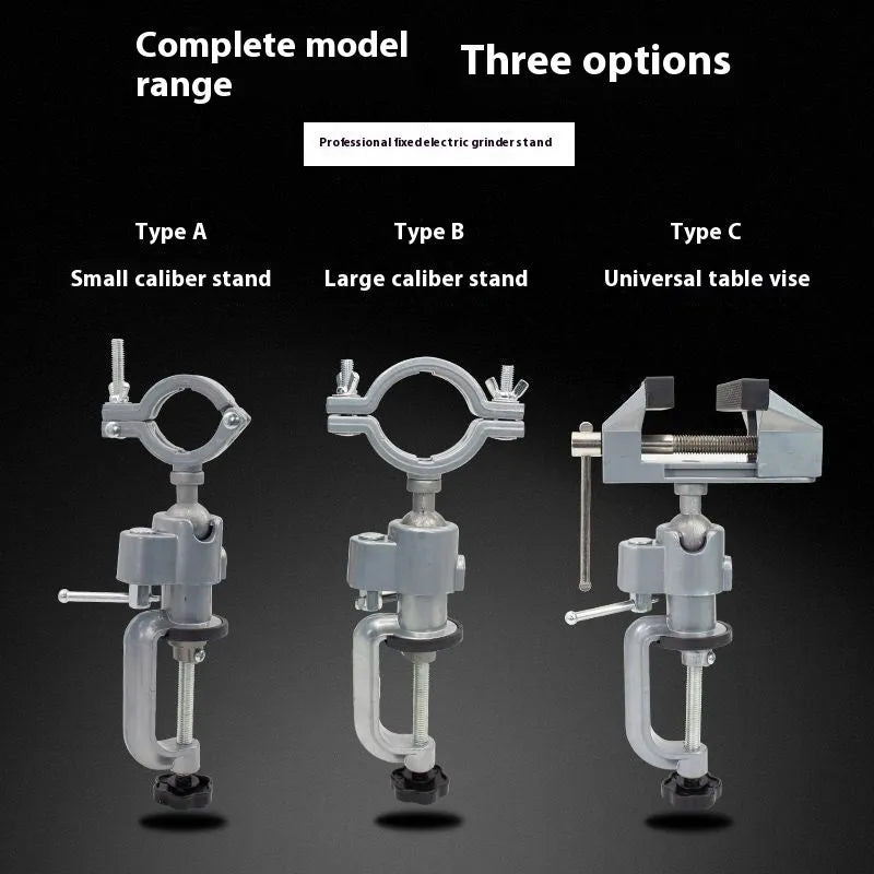 Small bracket-type bench vise with a 360-degree rotating head on a workbench.