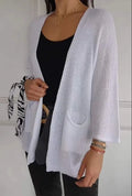 Women's waffle knit cardigan coat in army green with nine-quarter sleeves and front pockets