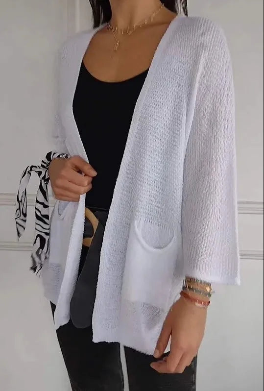Women's waffle knit cardigan coat in army green with nine-quarter sleeves and front pockets