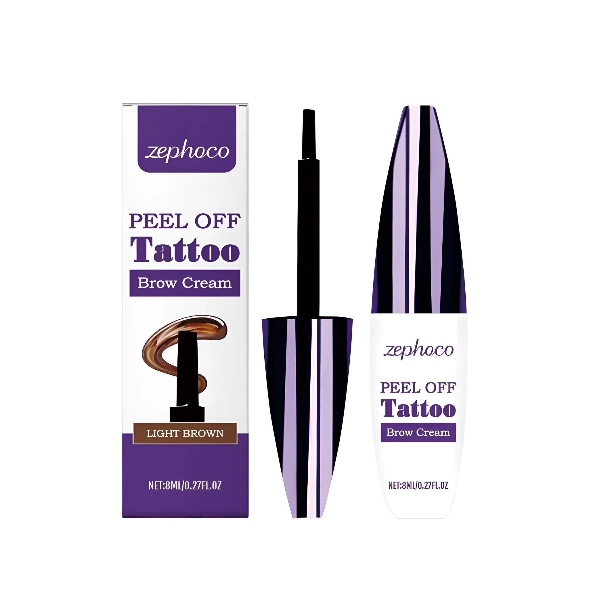 Tearable liquid eyebrow pencil with applicator brush in black, brown, light brown.