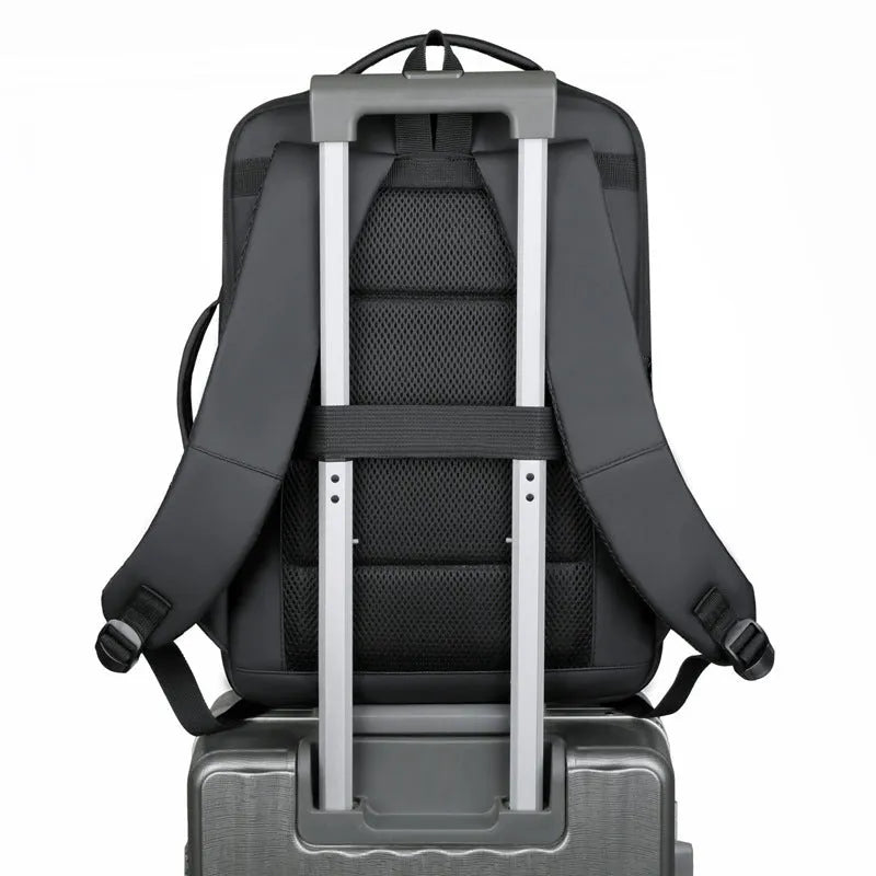 Black or grey waterproof Oxford cloth backpack for men with 20-35L capacity and curved shoulder strap.