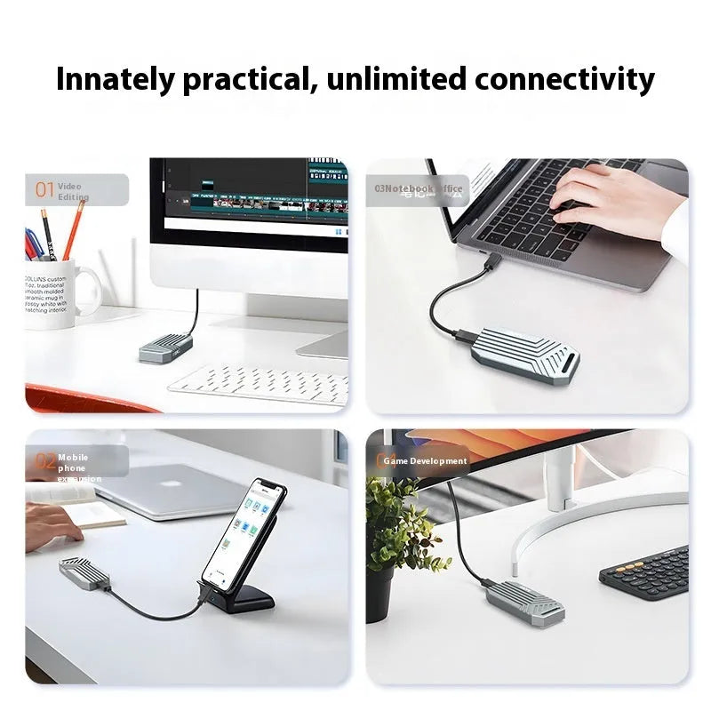 Silver and grey aluminium Lightning 4 external M.2 SSD enclosure showing compact size.