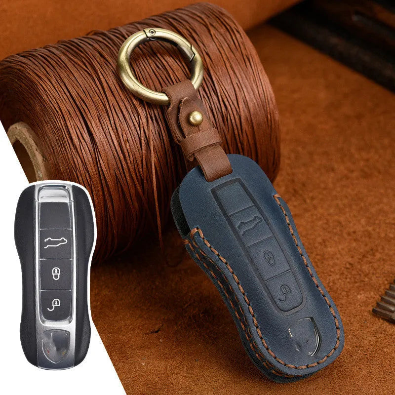 Authentic cowhide leather retro style key case for Porsche keys in blue or brown