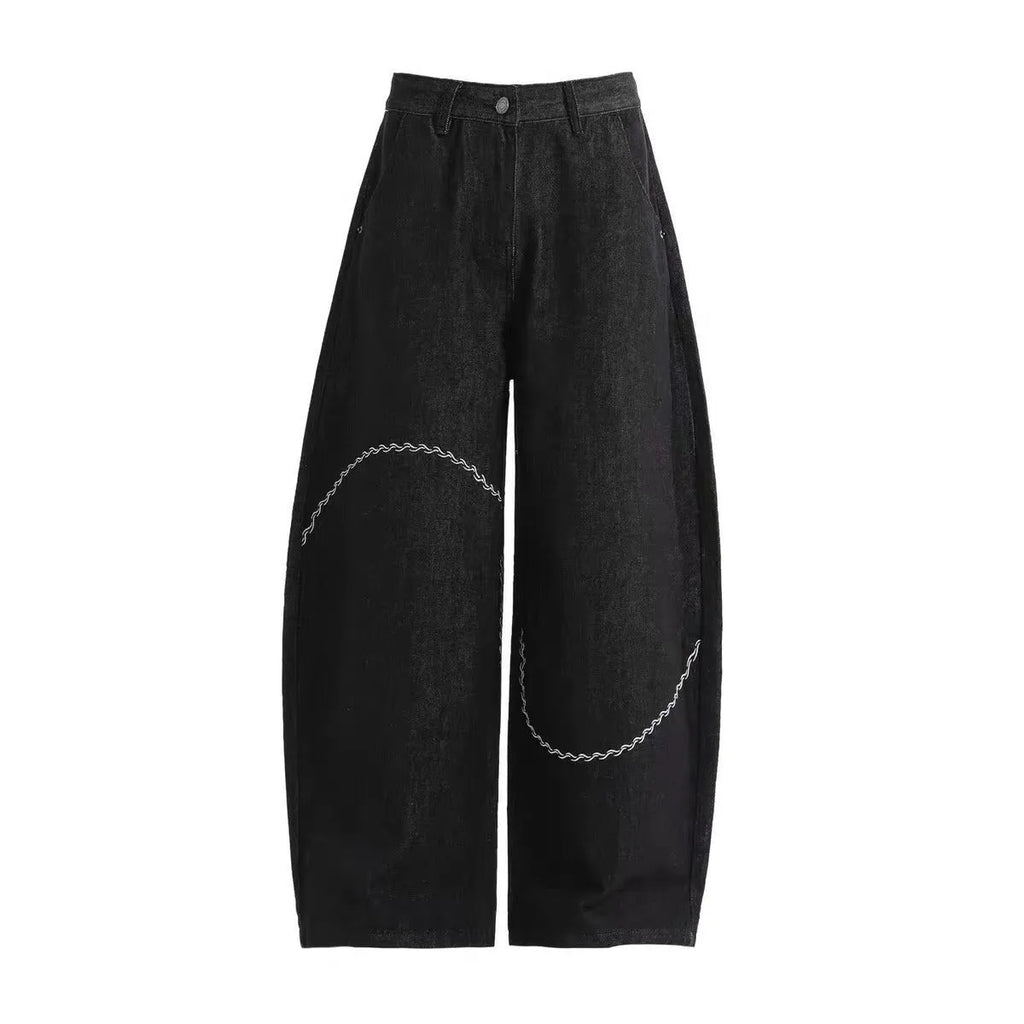 Black straight-leg polyester denim trousers with micro-elastic construction