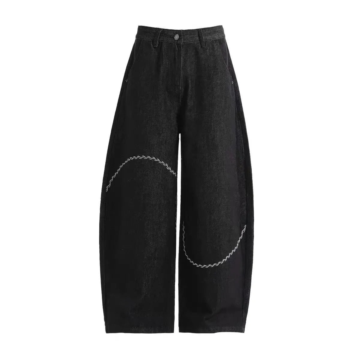 Black straight-leg polyester denim trousers with micro-elastic construction