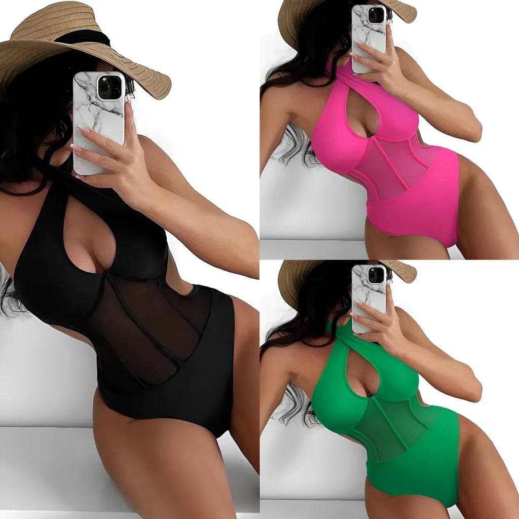 Ladies one-piece swimsuit bikini in black, rose red, or green colours with nylon spandex fabric