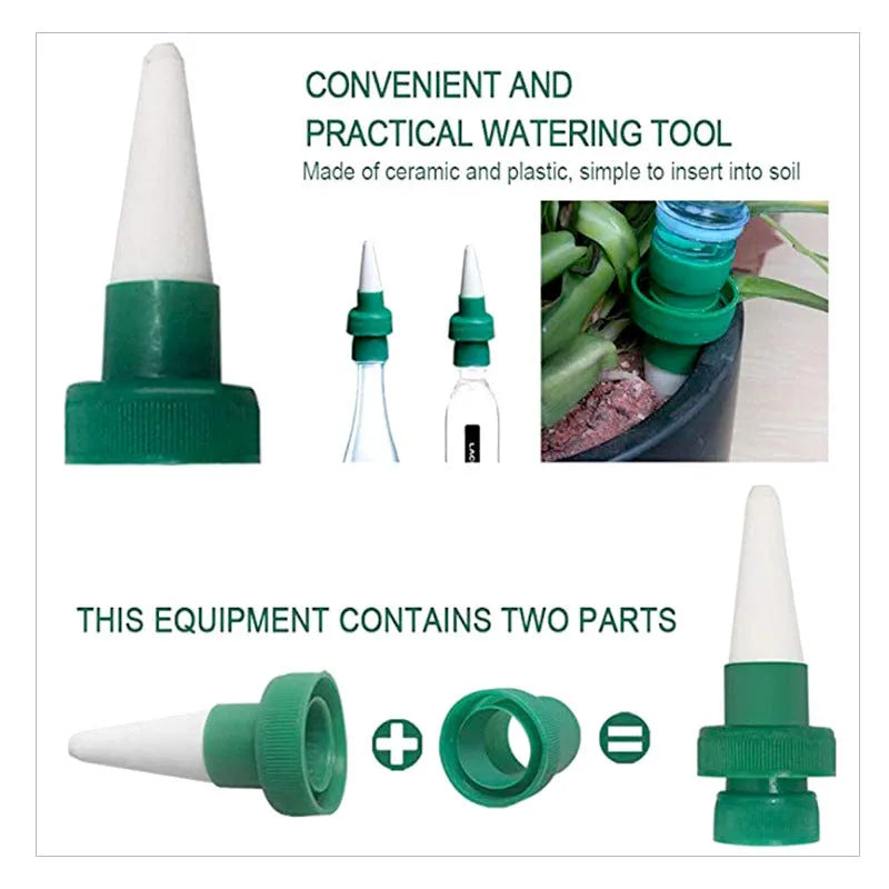Green ceramic automatic water dripper for plant irrigation using cola bottles