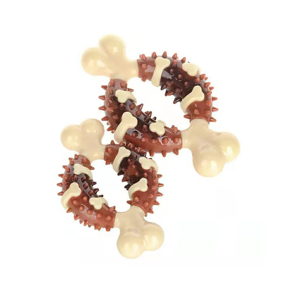 Bone-shaped natural rubber dog dental chew toy for teeth cleaning and anxiety relief