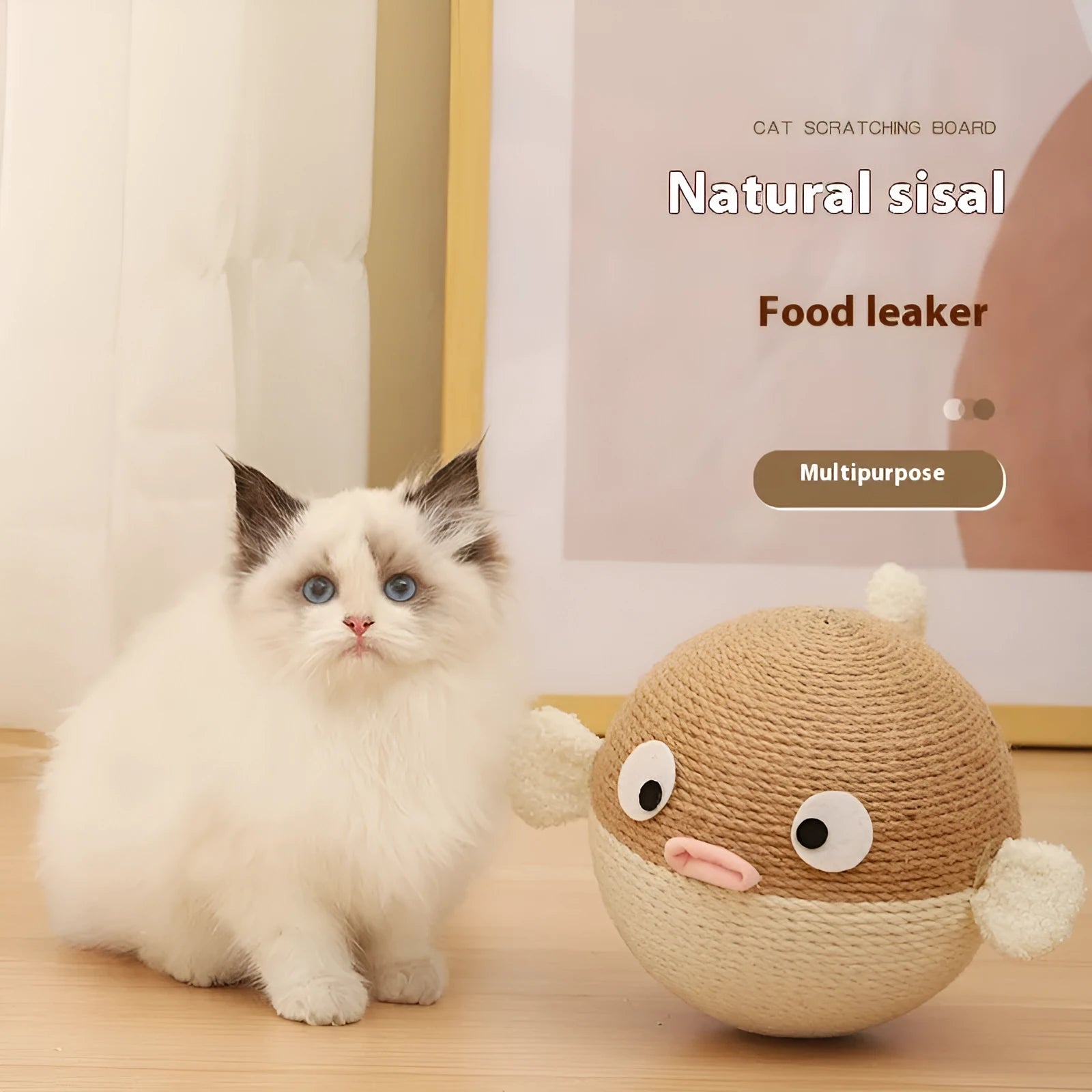 Puffer leakage food feeder cat toy, a 15cm sisal hemp cube for interactive feeding.