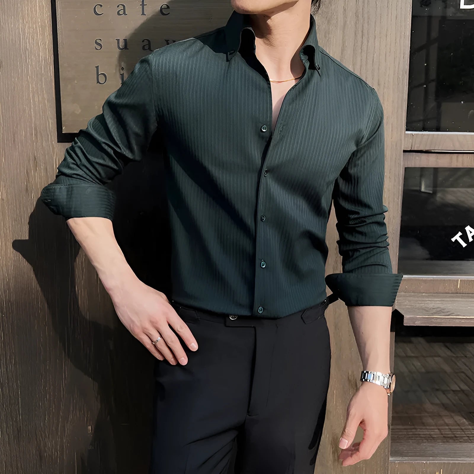 Men's striped V-neck long sleeve casual shirt in black, white, brown or green colour