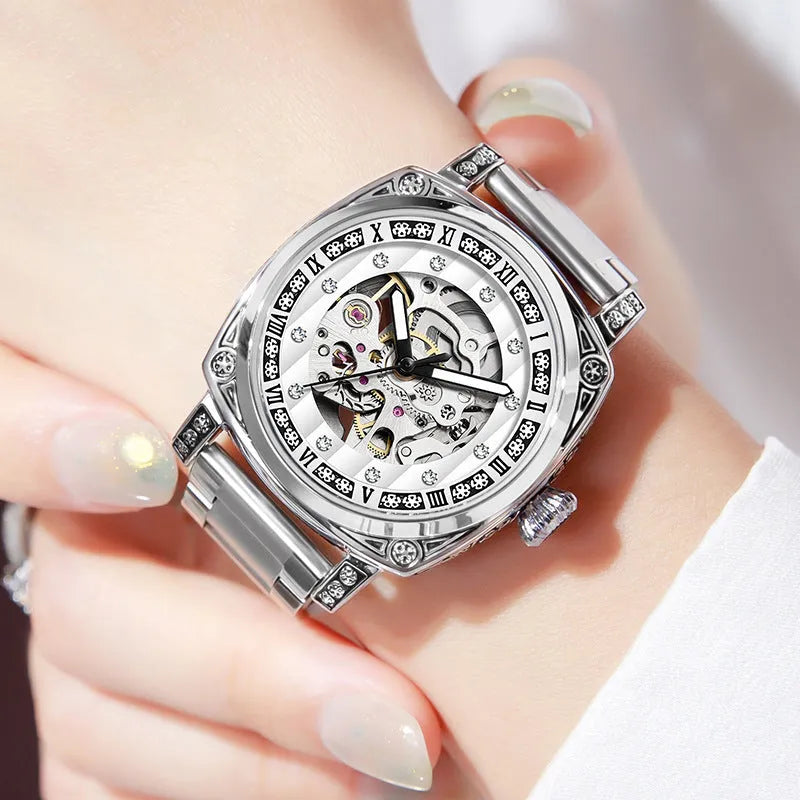 Men's mechanical watch with luminous hands and leather band, waterproof to 10 metres, showing four colour options