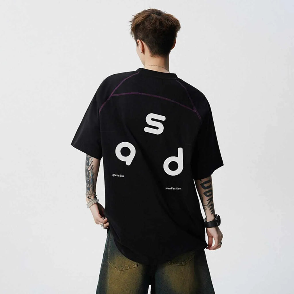 Loose fit cotton short sleeve t-shirt with letter print, shown in black and white colour options.