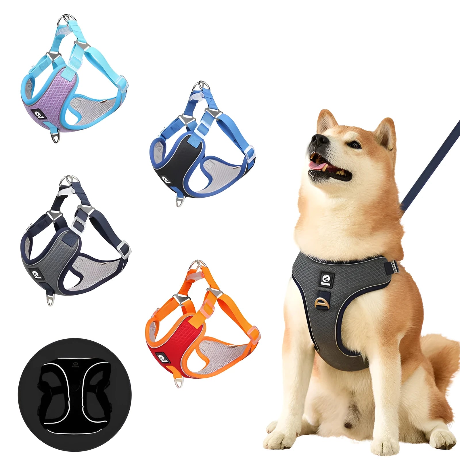 Adjustable breathable dog harness with reflective piping in black, red, gray, or light purple