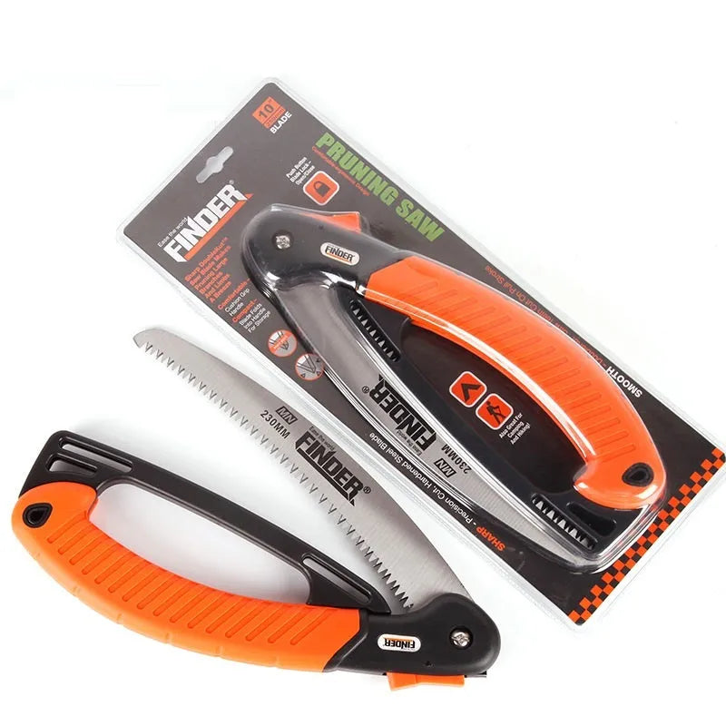 9-inch folding garden saw with TPR grip handle showing extended and folded positions