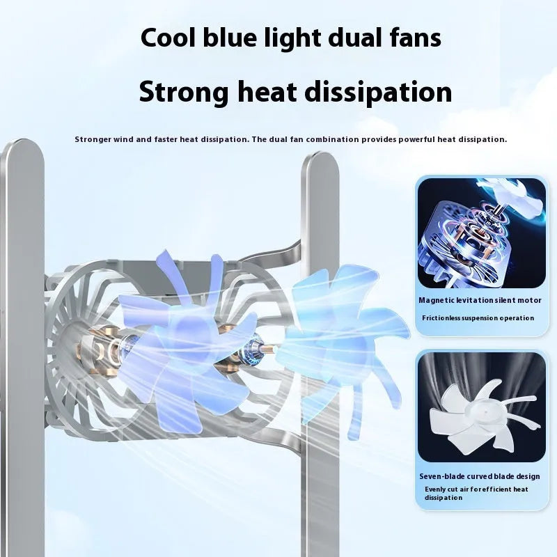 Silver aluminium laptop stand with twin cooling fans in folded and open positions
